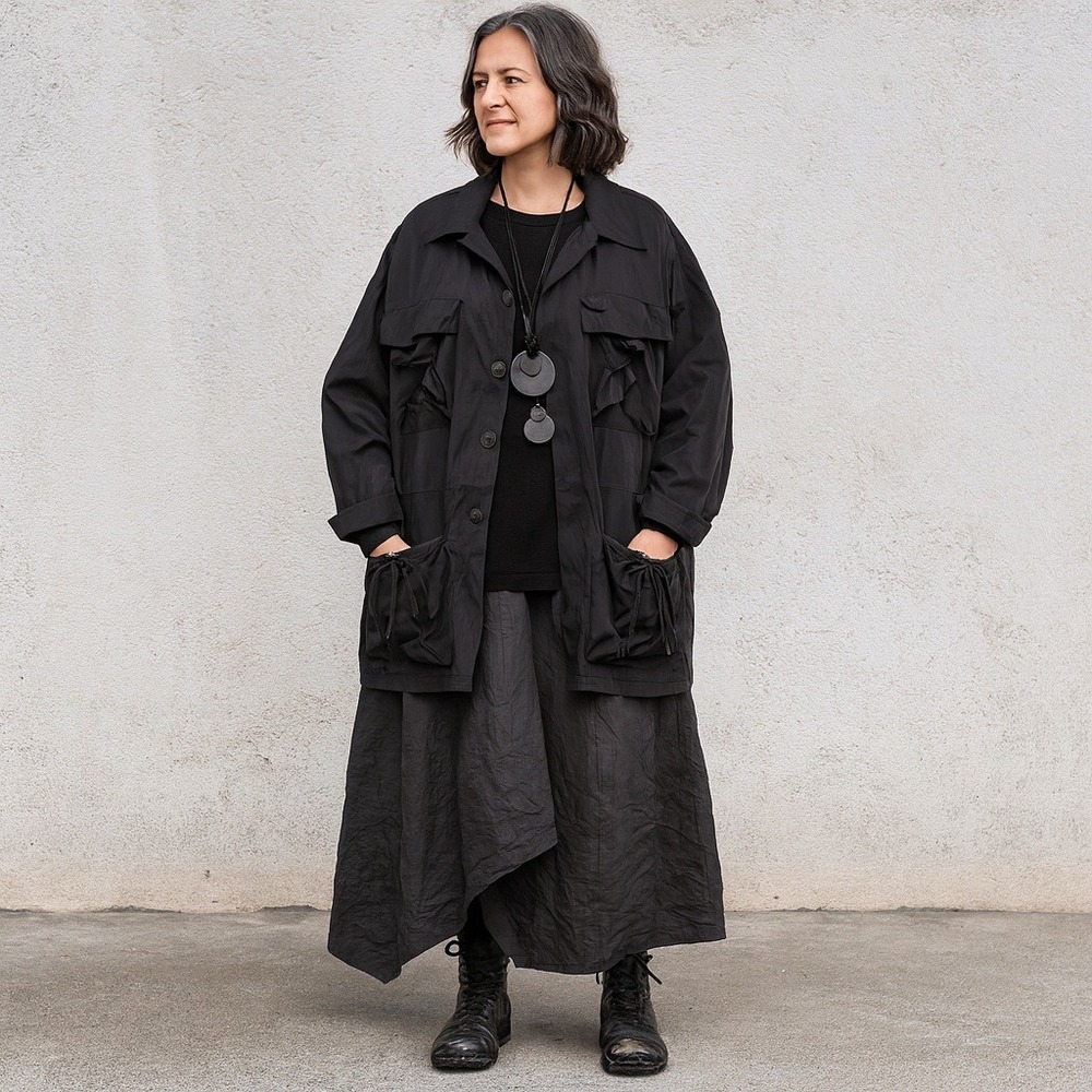 PLANET Black Nylon Jacket OS One Size Button Front Bow‎ Tie Pockets Artsy